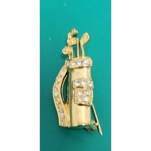 Vintage 1970s Krementz Brooch Pin Golfing Golf Bag Clubs Rhinestones Gold Tone